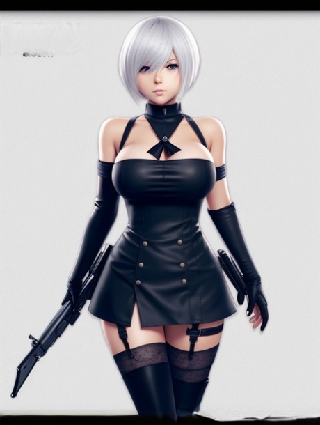 Anime seriefigur Yorha 2b visar upp hennes stora runda bröst