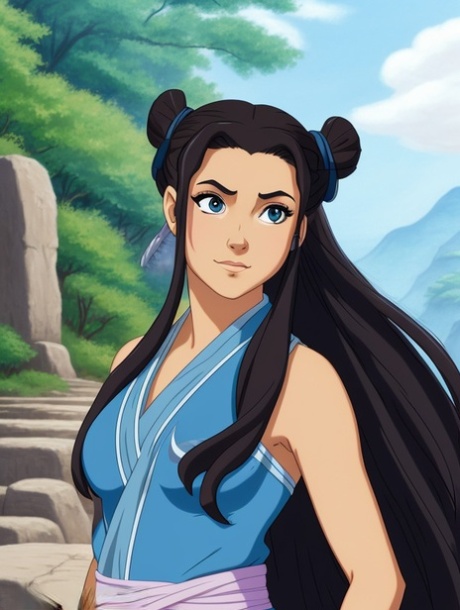 Big blue eyed anime girl Katara teases with her big breasts in a sunny day