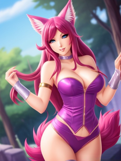 La belleza anime Ahri de League of Legends mostrando sus grandes pechos