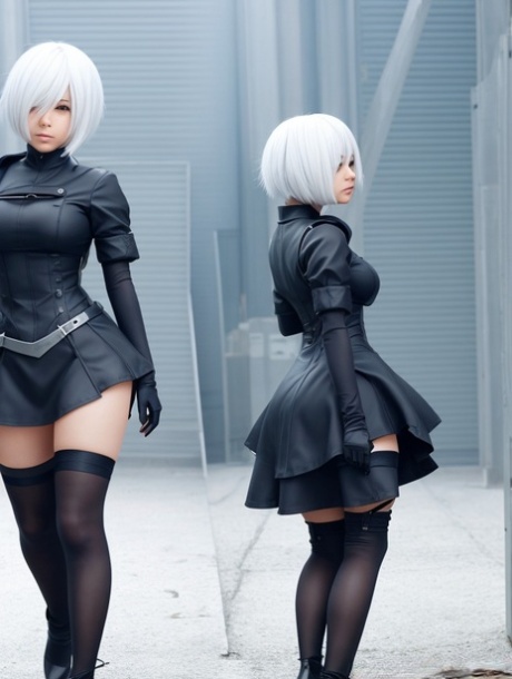 AI-genererte Yorha 2b viser frem de store puppene sine i en sexy svart uniform.