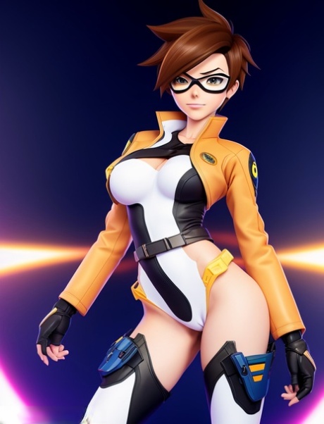 AI generated Hentai babe Tracer shows her round tits & her bald pink pussy