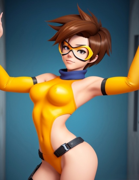 Wesp-getailleerde Hentai babe Tracer toont haar kale gezwollen kutje van dichtbij