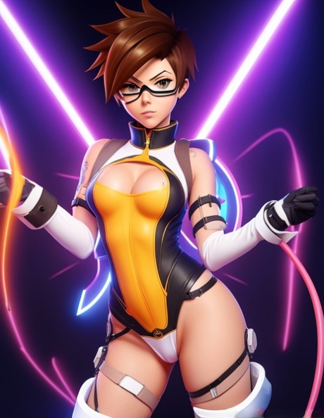 Tracer montre ses seins parfaits et sa chatte chauve.