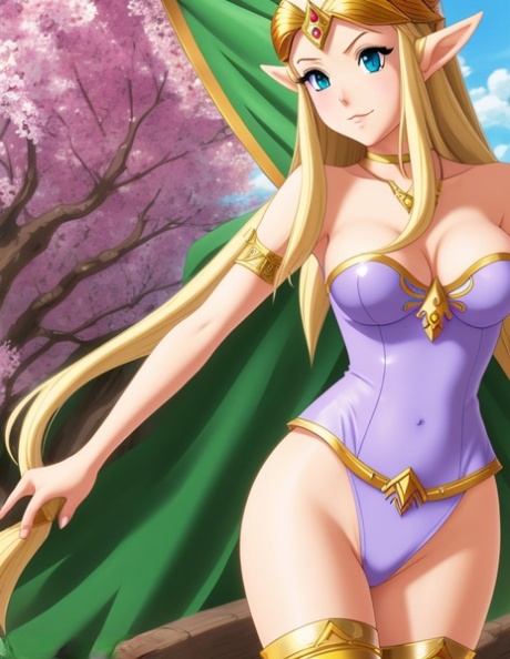 Lonely anime beauty Princess Zelda showing her big boobs in public