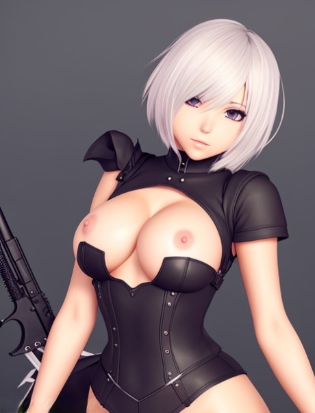 Piękność z anime Yorha 2b pozuje w skórzanym stroju i odsłania swoje duże cycki