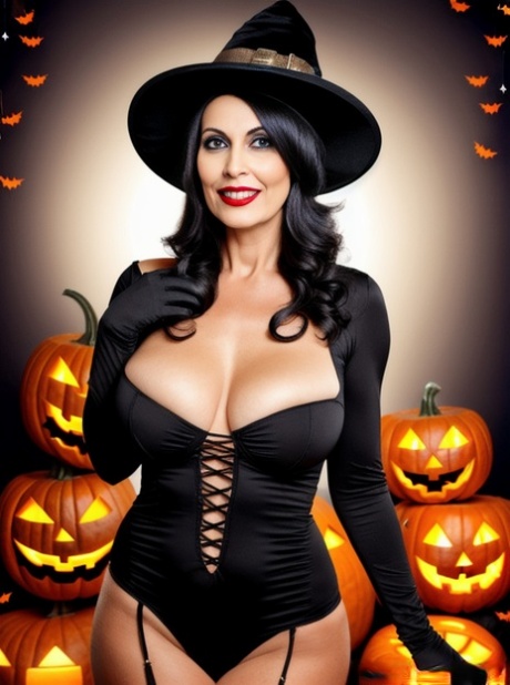 Rondborstige AI gegenereerd babe Sasha Lansday plaagt met haar sappige tieten Op Halloween