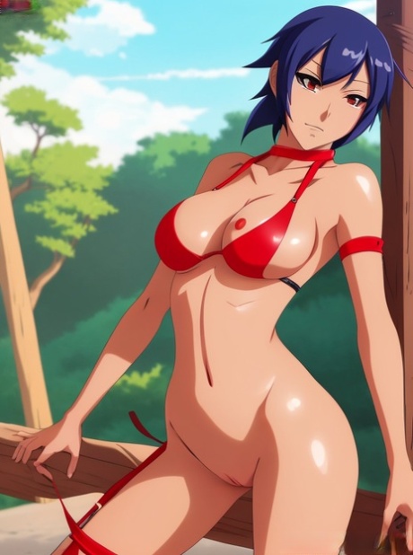 A boneca Hentai de cabelo azul Suruga Kanbaru mostra as suas grandes mamas num solo