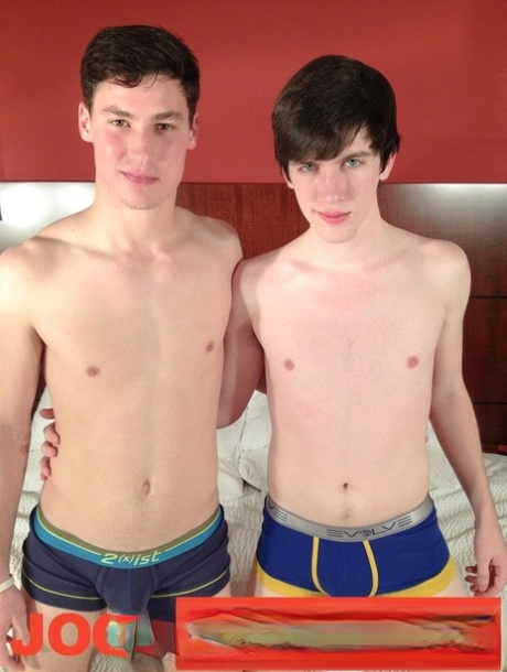 Slim brunette gay boyfriends Jesse Brooks and Landon Wright bang on their bed
