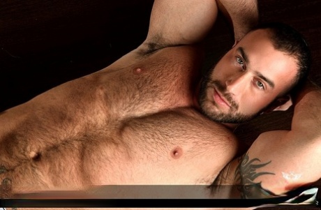 Gay businessman Spencer Reed strips his suit and shows his muscular hairy body