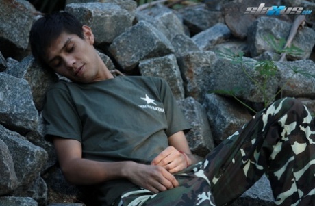 Gay military men Antonio & Alejo have doggystyle anal sex outdoors