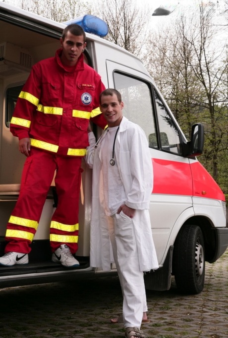 Gay doctors Alex Stevens & Julien Heath have anal sex in the ambulance