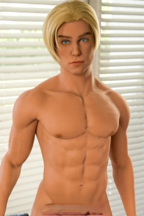 Handsome blonde male sex doll Devon posing butt naked and dressed up