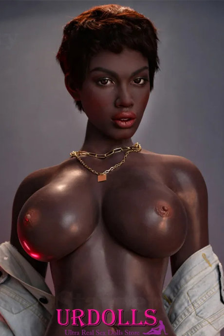 Short-haired ebony sex doll Keisha exposing her big boobs in a solo