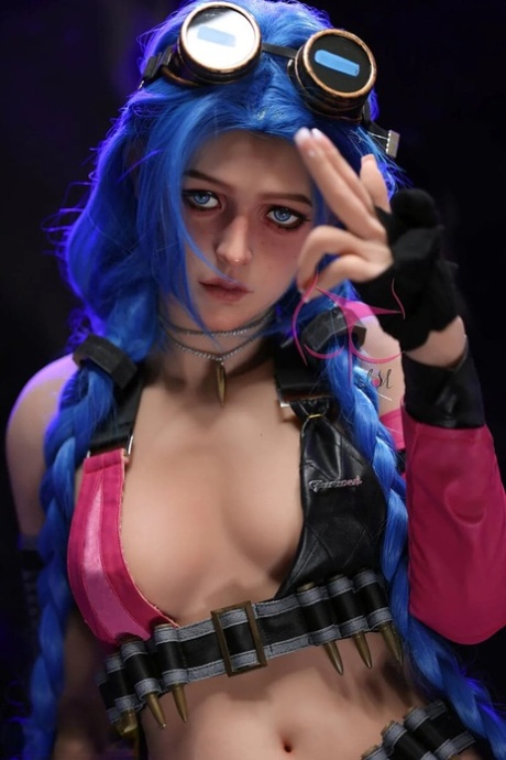 Hot blue haired sex doll exposes her big round ass and cute boobs