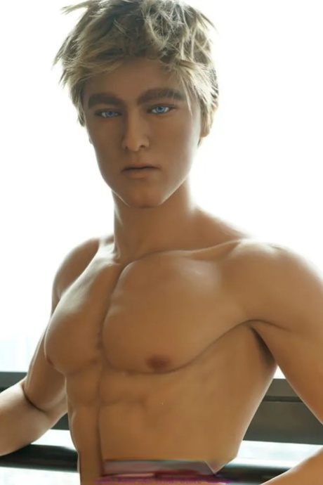 Handsome male sex doll Lucas shows his muscular body and huge dick