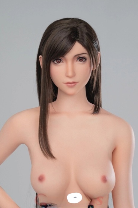 Dark-haired silicone sex doll Tifa posing naked and in her black lingerie