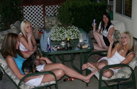 Sweet blonde teen Cari and her horny friends undress while partying