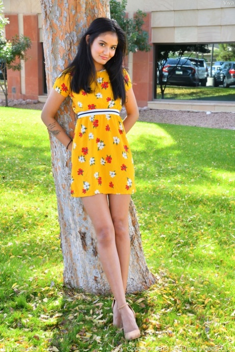 Babe Viva flashes haar hete kutje in het openbaar terwijl poseren in haar zomer jurk