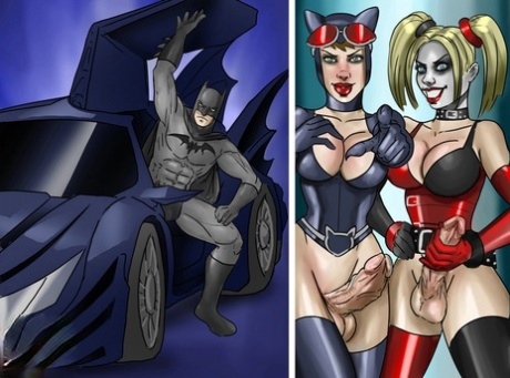 Twee anime shemales met grote borsten hebben een wild triootje met Batman